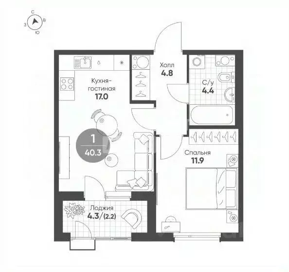 1-к кв. Омская область, Омск Волгоградская ул., 51/1 (37.0 м) - Фото 2