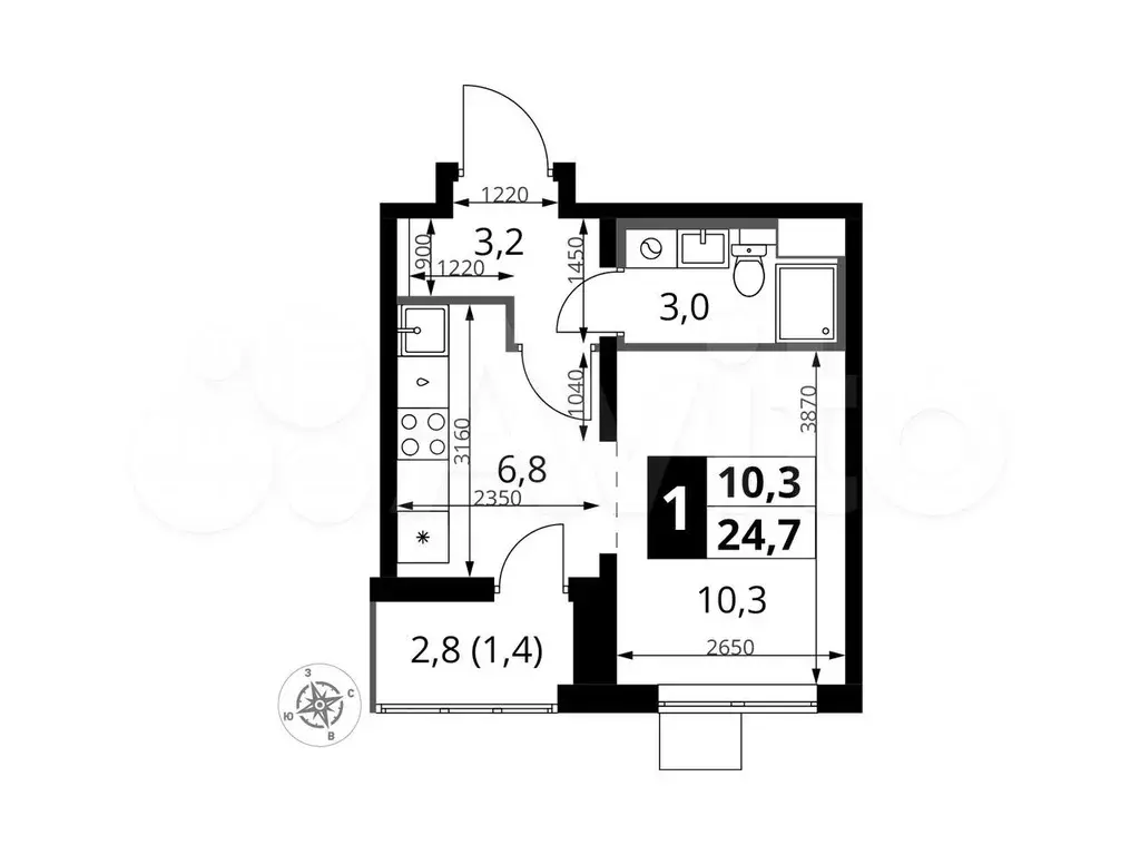 1-к. квартира, 24,7м, 2/24эт. - Фото 0