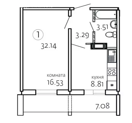 1-комнатная квартира: Челябинск, улица Маршала Чуйкова, 26 (32.14 м) - Фото 0
