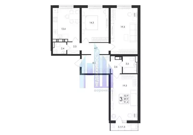 3-комнатная квартира: Воронеж, улица Загоровского, 7к2 (91.4 м) - Фото 0
