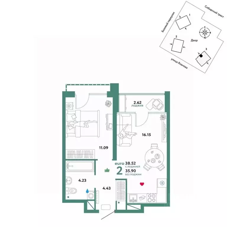 2-к кв. Свердловская область, Екатеринбург тракт Сибирский, 24Д (38.52 ... - Фото 0