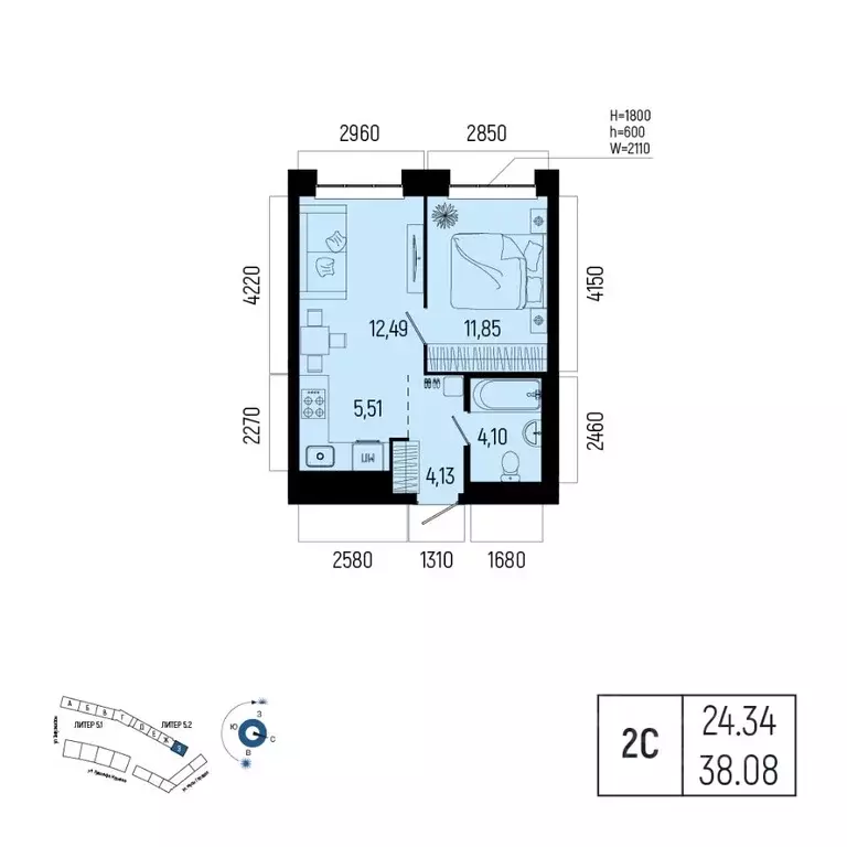2-к кв. Башкортостан, Уфа Глумилино-1 мкр, Новатор жилой комплекс ... - Фото 1
