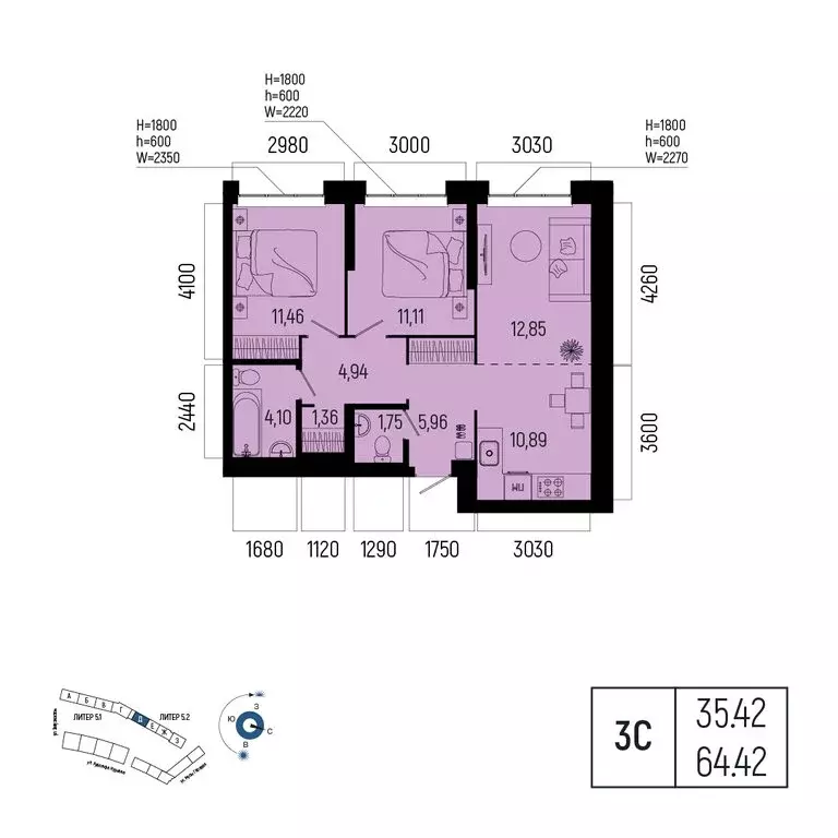 3-комнатная квартира: Уфа, улица Рудольфа Нуреева, 7 (64.42 м) - Фото 1