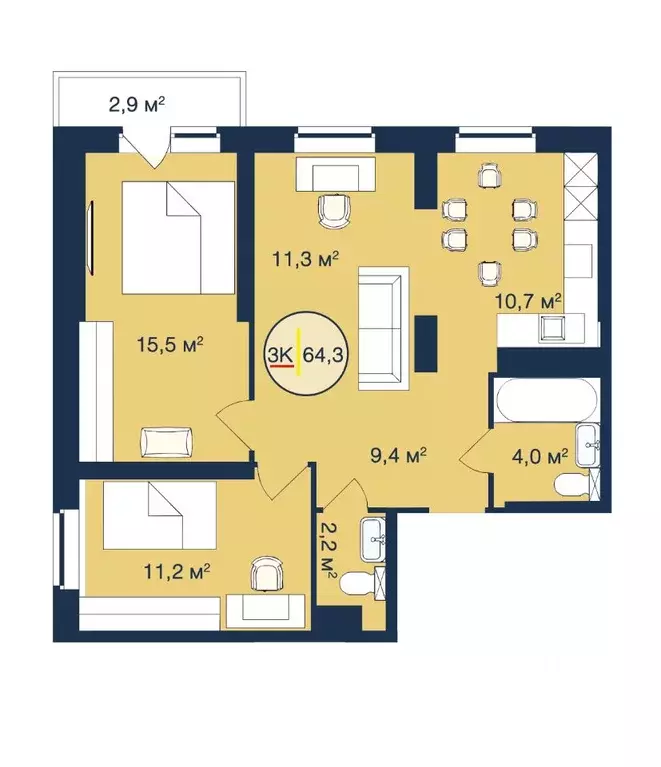 3-к кв. Тюменская область, Тюмень Таежная ул., 2 (64.3 м) - Фото 0