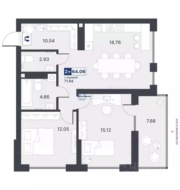 2-к кв. Тюменская область, Тюмень ДОК мкр, ул. Рылеева, 31 (64.06 м) - Фото 1