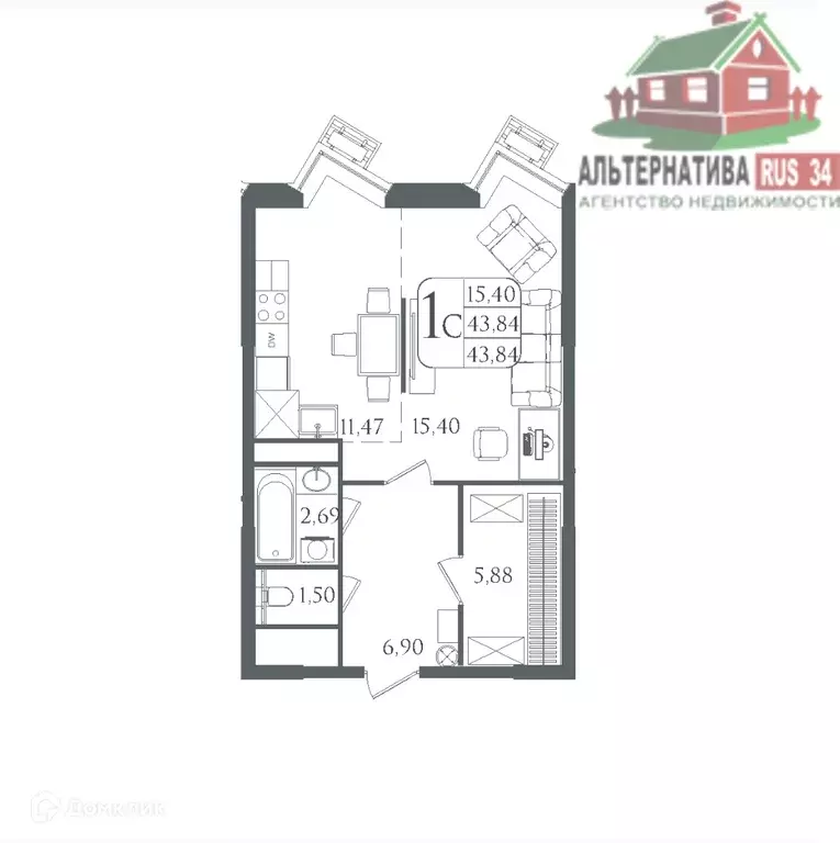 Продаётся 1-к квартира, 43.8 м - Фото 1
