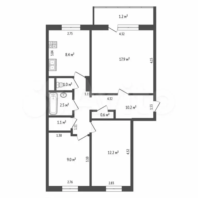 3-к. квартира, 62,9 м, 9/9 эт. - Фото 0