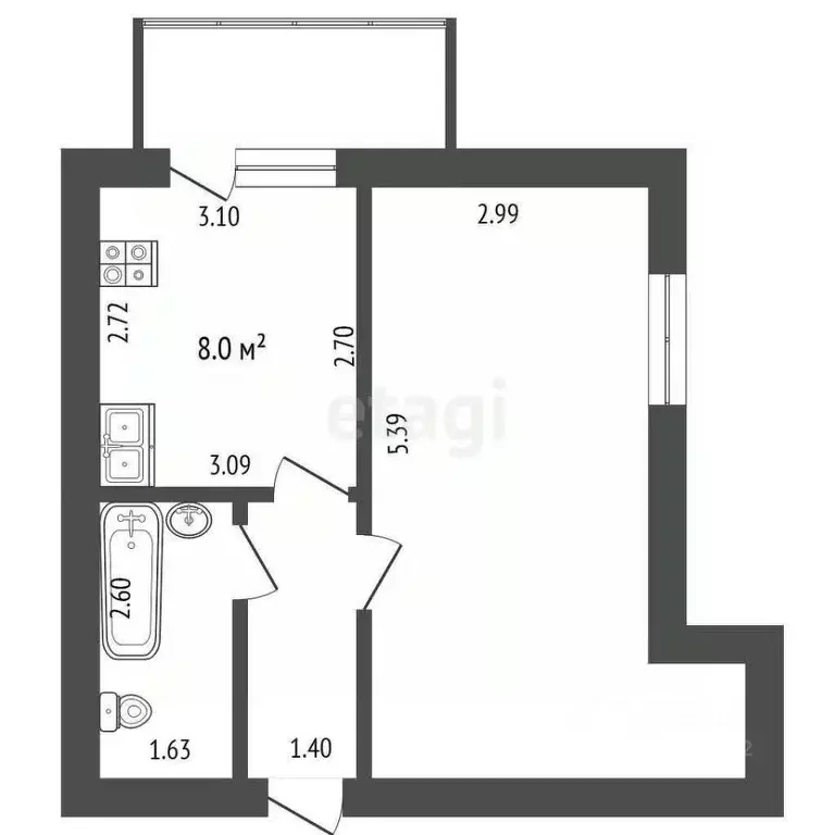 1-к кв. Вологодская область, Вологда ул. Гагарина, 80В (33.1 м) - Фото 2