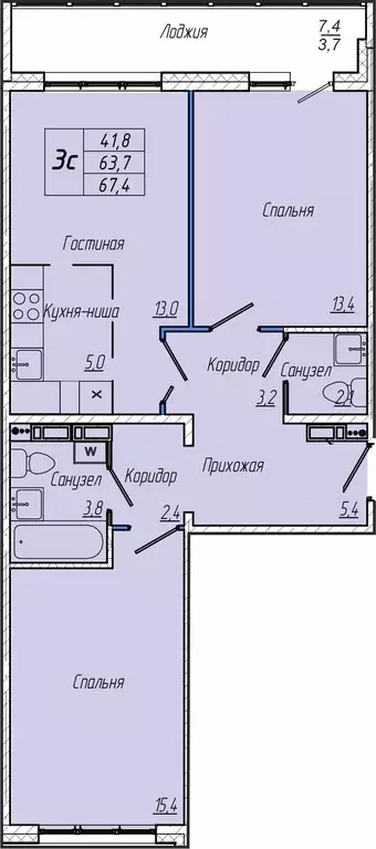 2-к квартира, 67.5 м - Фото 0