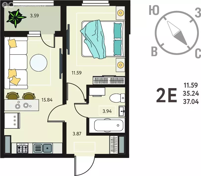1-комнатная квартира: Курск, улица Энгельса, 115/6 (37.04 м) - Фото 0