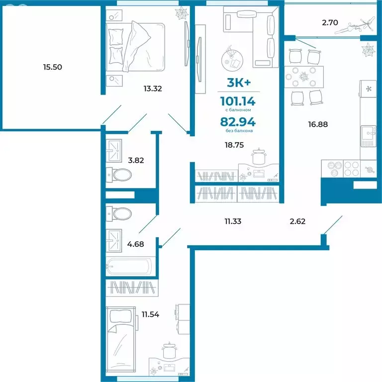 3-комнатная квартира: Тюмень, улица Анатолия Клиндюка, 3 (82.94 м) - Фото 0