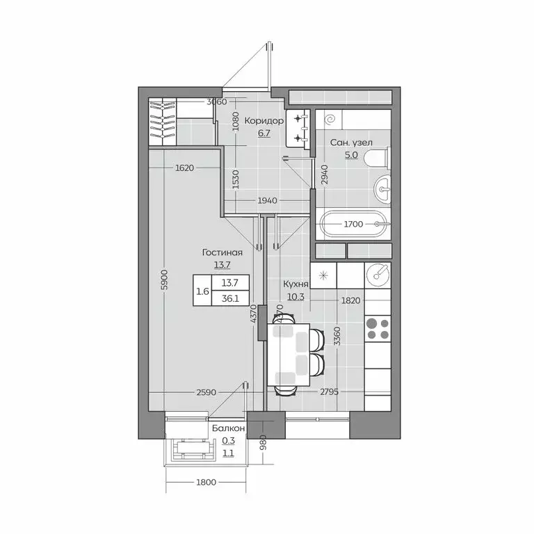 1-комнатная квартира: Усады, жилой комплекс Южный Парк (36.14 м) - Фото 1