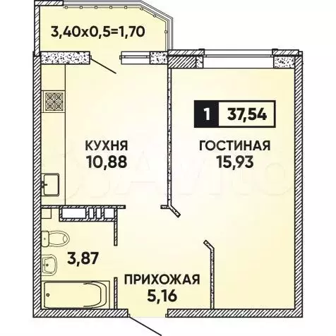 1-к. квартира, 37,5 м, 4/22 эт. - Фото 0