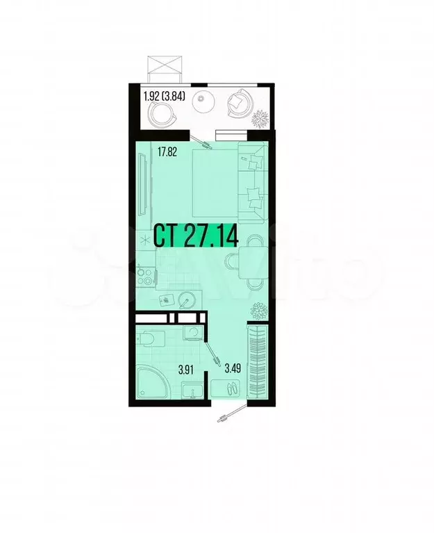 Квартира-студия, 27,1 м, 2/7 эт. - Фото 1