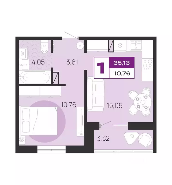 1-к кв. Брянская область, Брянск Медовый кв-л, поз7 (35.13 м) - Фото 1
