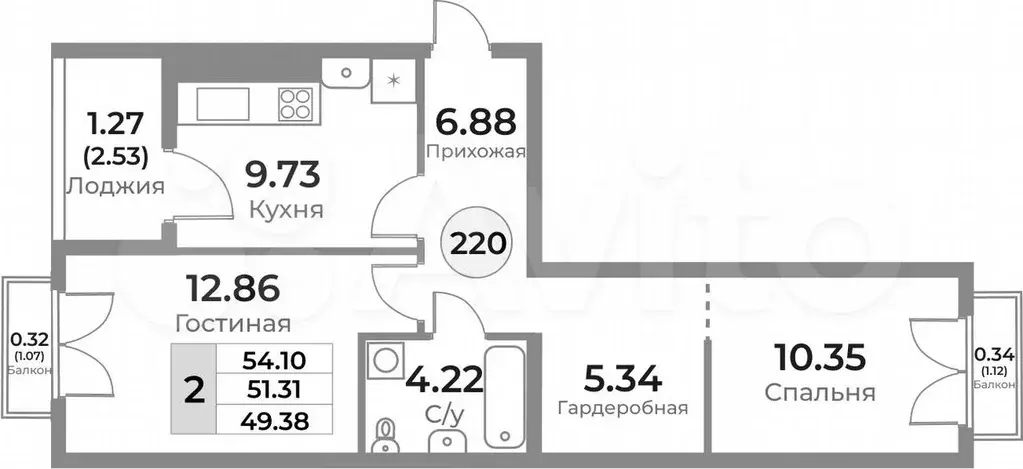 2-к. квартира, 51,3 м, 10/10 эт. - Фото 1