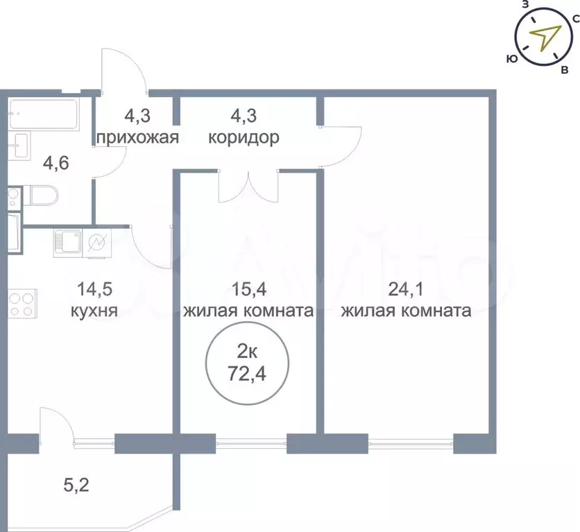 2-к. квартира, 72,4 м, 15/21 эт. - Фото 0