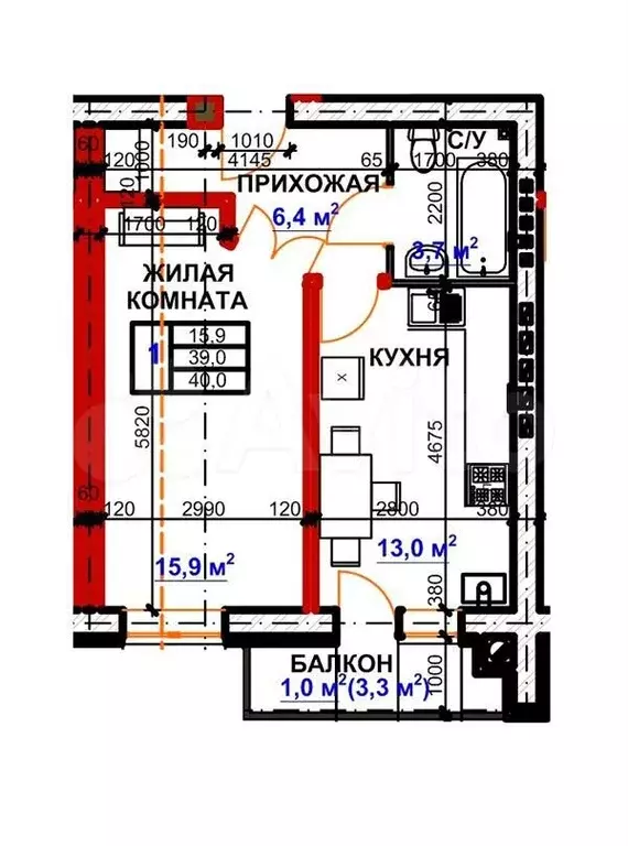 1-к. квартира, 39м, 5/5эт. - Фото 0