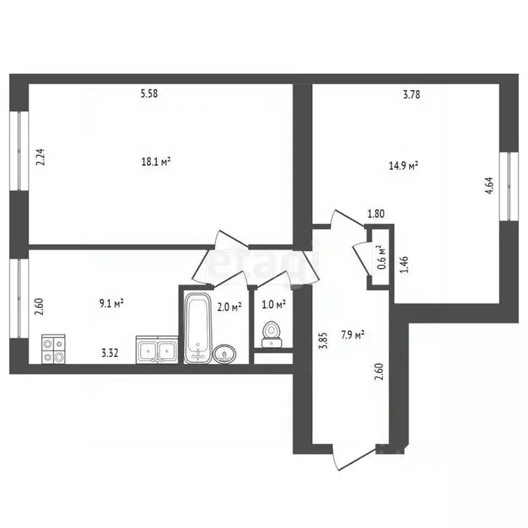2-к кв. Санкт-Петербург ул. Трефолева, 22/25 (53.6 м) - Фото 2