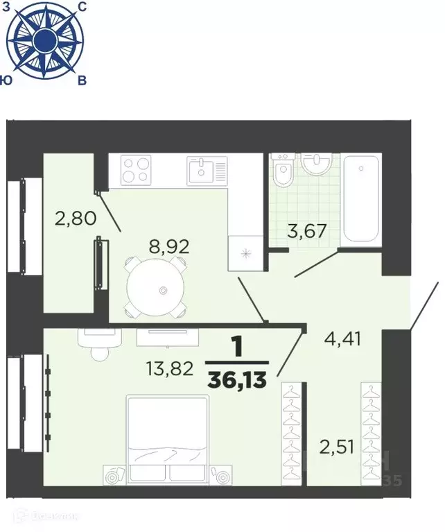 1-к кв. Рязанская область, Рязань ул. Семчинская, 11к2 (36.13 м) - Фото 0