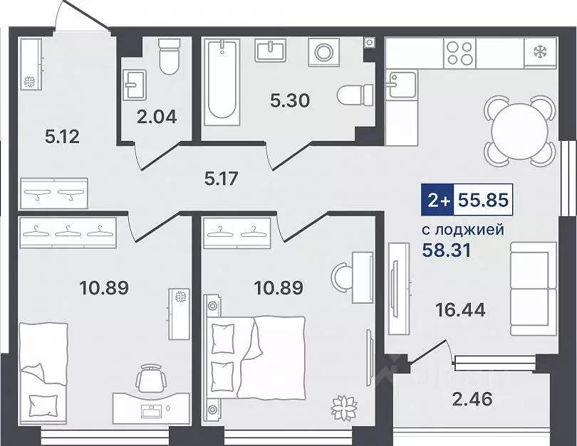 2-к кв. Тюменская область, Тюмень ул. Алексея Сергиенко, 1 (55.85 м) - Фото 1