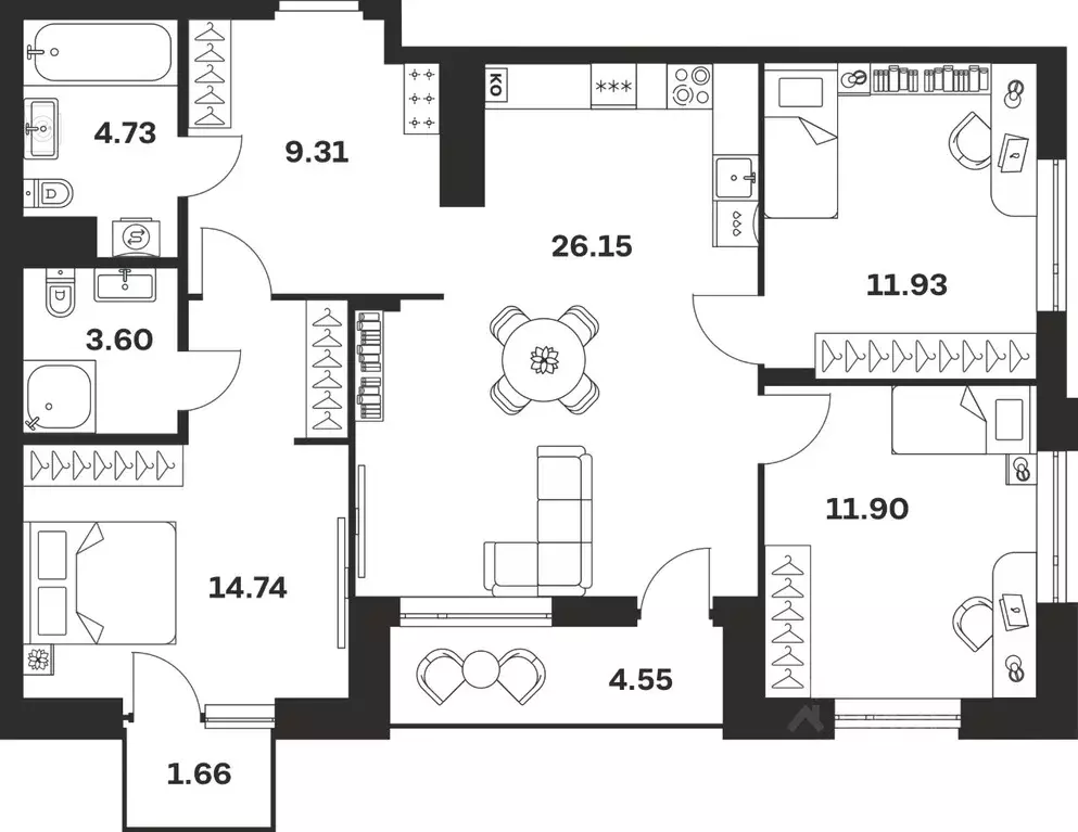 3-к кв. Тульская область, Тула ул. Богородицкая, 8В (88.57 м) - Фото 1