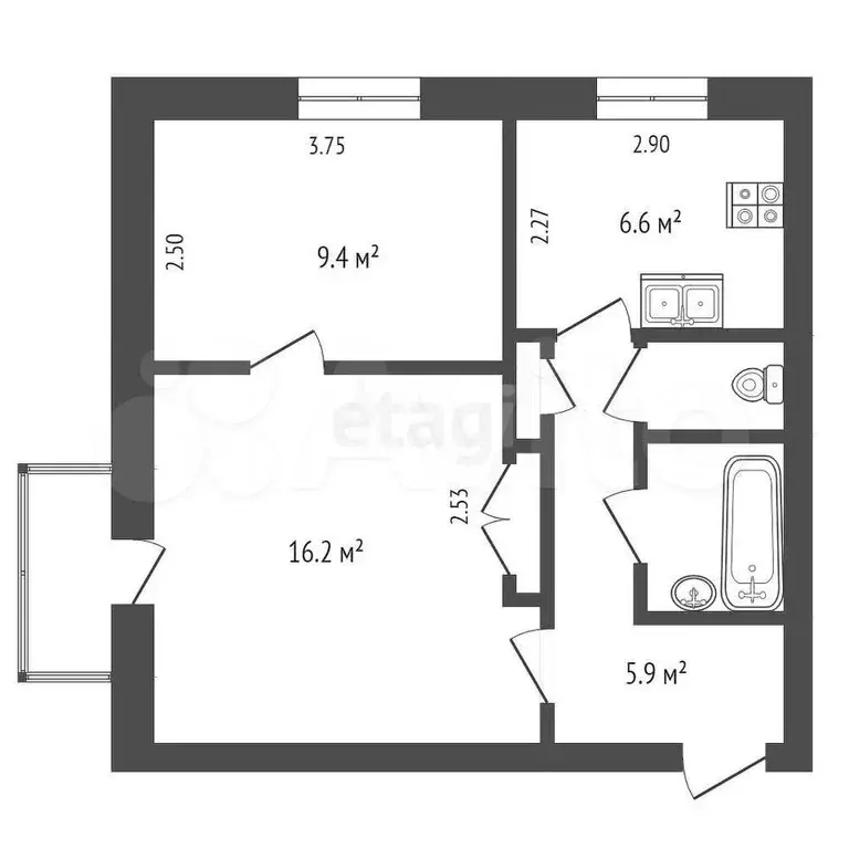 2-к. квартира, 43 м, 3/3 эт. - Фото 0