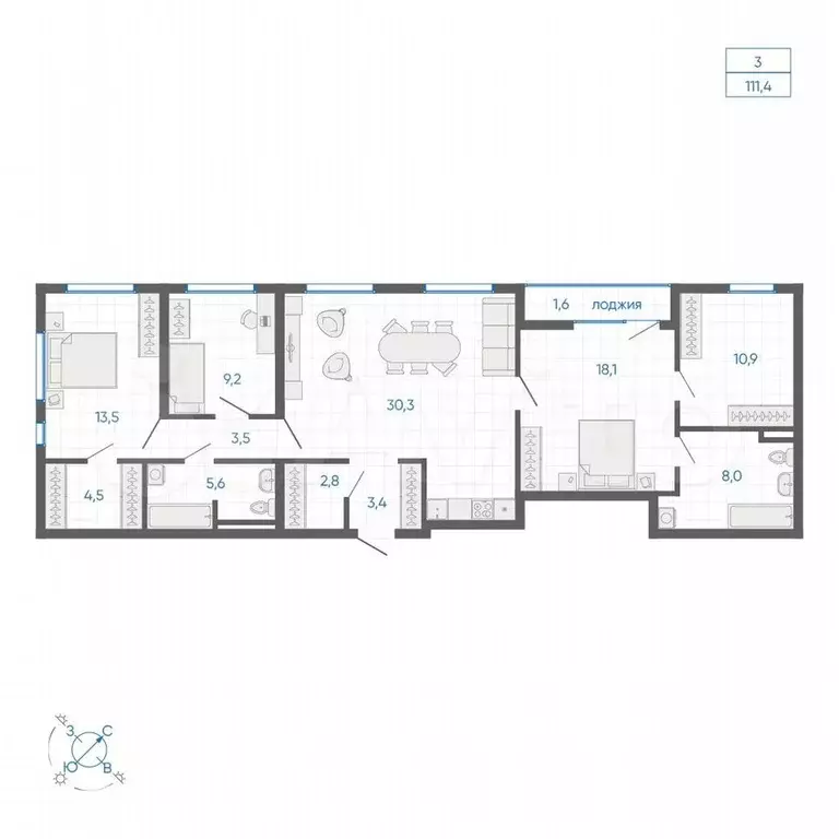 3-к. квартира, 111,4 м, 7/32 эт. - Фото 1