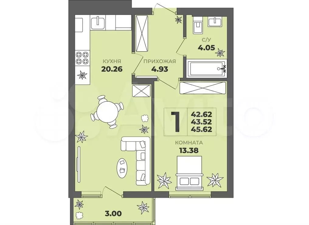 1-к. квартира, 45,6 м, 4/8 эт. - Фото 1