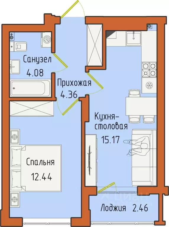 1-к кв. Калининградская область, Светлогорск пос. Отрадное,  (38.51 м) - Фото 0