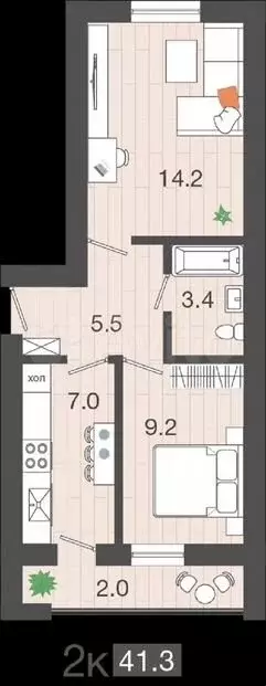 1-к. квартира, 35,5м, 4/4эт. - Фото 1