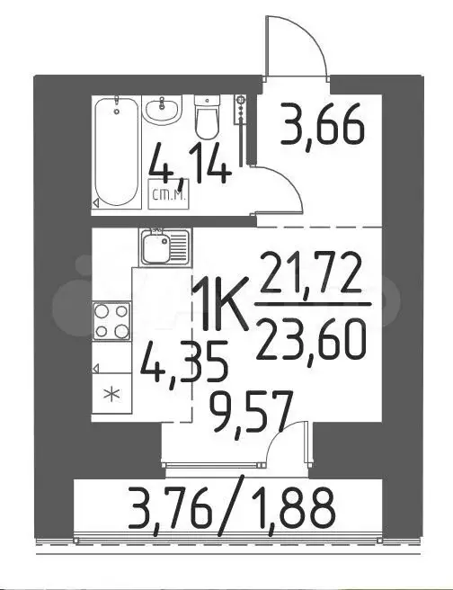 Квартира-студия, 23,6 м, 14/15 эт. - Фото 0