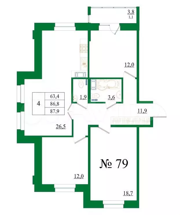 4-к. квартира, 87,9 м, 2/8 эт. - Фото 0