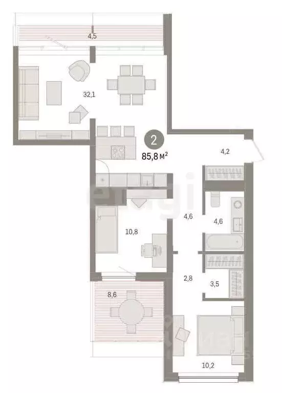 2-к кв. Тюменская область, Тюмень Мысовская ул., 26к1 (85.0 м) - Фото 0