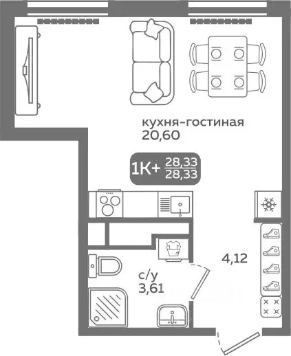 Студия Тюменская область, Тюмень ул. Заполярная, 9/2 (28.33 м) - Фото 0