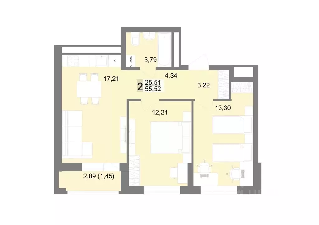 2-к кв. Свердловская область, Екатеринбург ул. Тенистая, 8с4 (55.52 м) - Фото 1