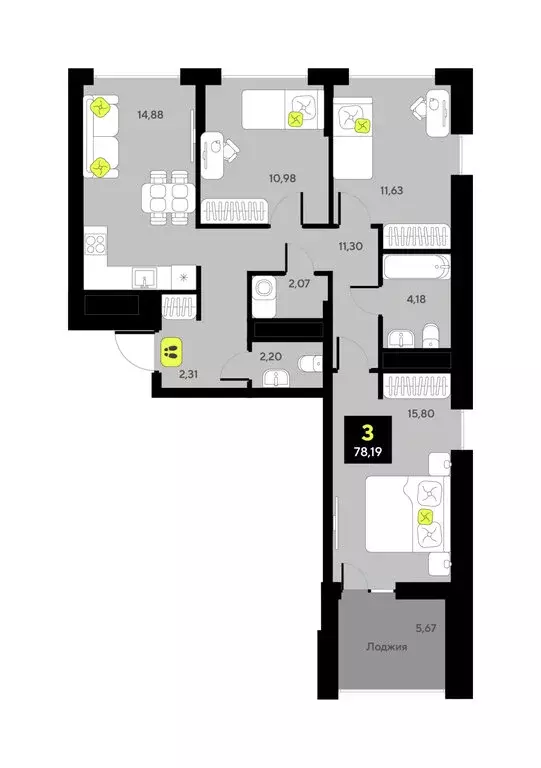 3-комнатная квартира: Тюмень, улица Андрея Приказнова, 1 (73.8 м) - Фото 1