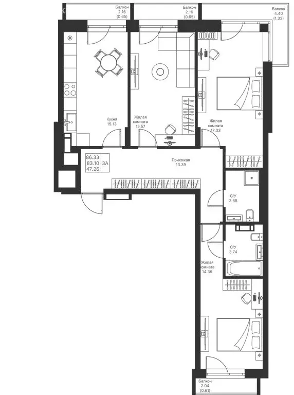 3-комнатная квартира: Казань, ЖК Мой Ритм (86.33 м) - Фото 0