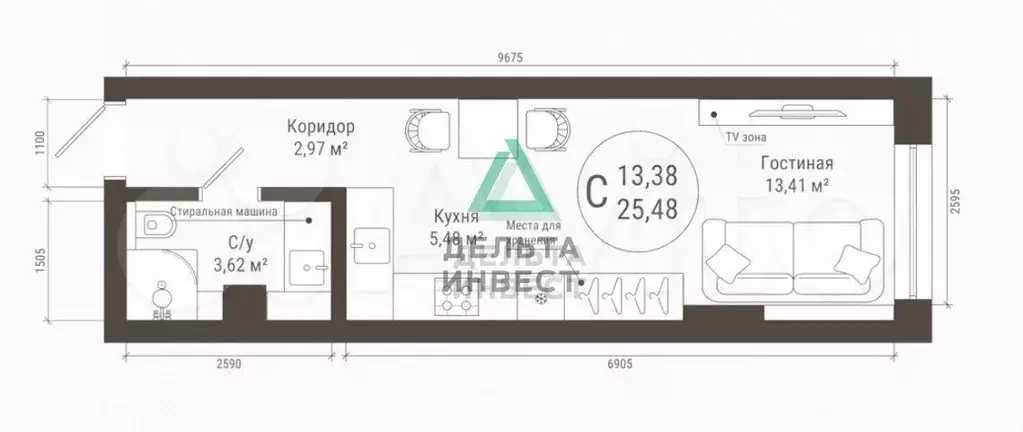 Апартаменты-студия, 25,5 м, 8/22 эт. - Фото 0