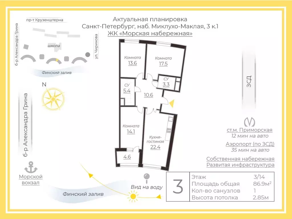 3-к кв. Санкт-Петербург наб. Миклухо-Маклая, 3к1 (86.9 м) - Фото 2