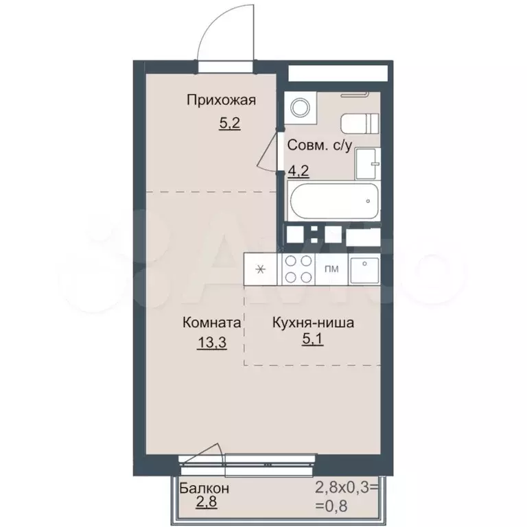 Квартира-студия, 27,8 м, 12/18 эт. - Фото 0