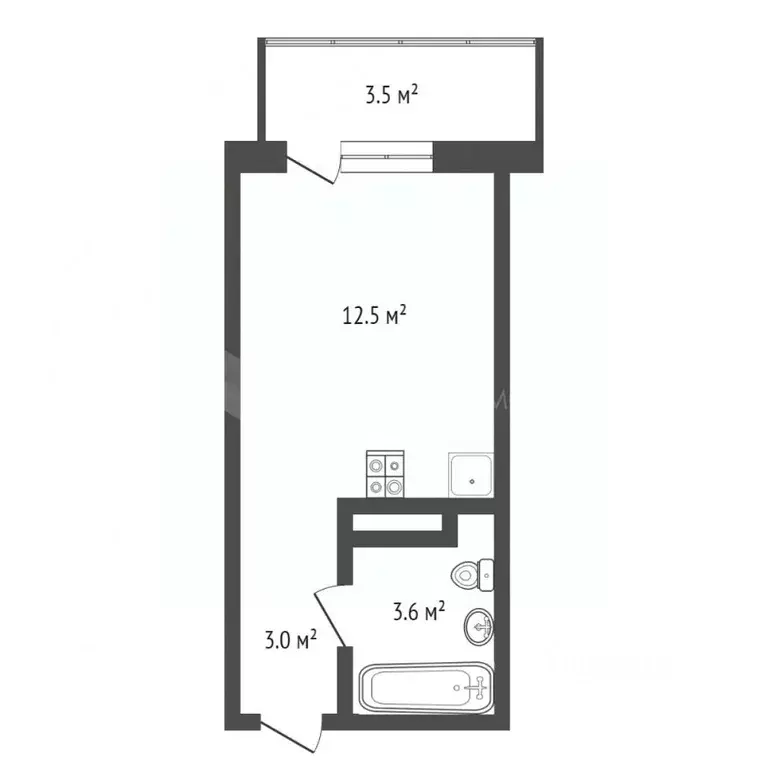 Студия Тюменская область, Тюмень ул. Новоселов, 109 (22.1 м) - Фото 1