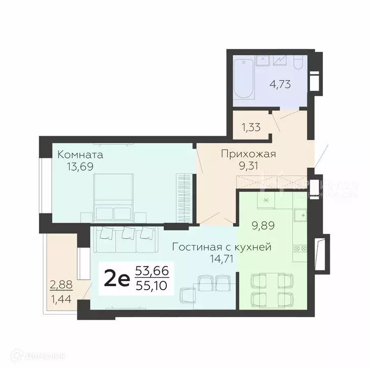 Продаётся 2-к квартира, 55.1 м - Фото 1