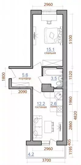 2-к. квартира, 42,5м, 3/9эт. - Фото 0