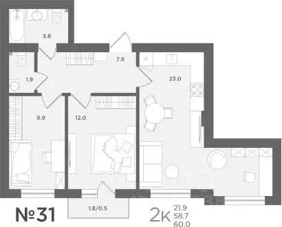 2-к кв. Калининградская область, Пионерский МС18 жилой комплекс (58.7 ... - Фото 1