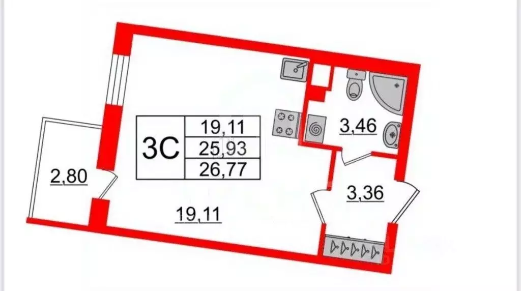 Студия Санкт-Петербург ул. Струве, 8к3 (25.5 м) - Фото 1