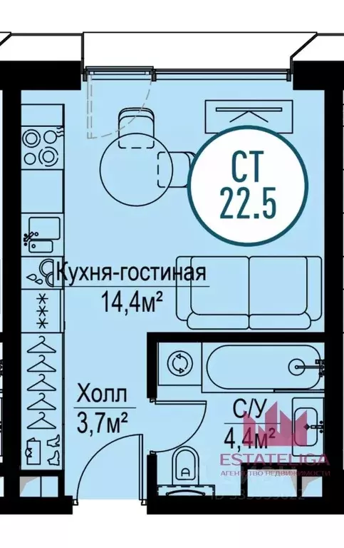 Студия Москва Волгоградский просп., 32/5к3 (22.4 м) - Фото 2