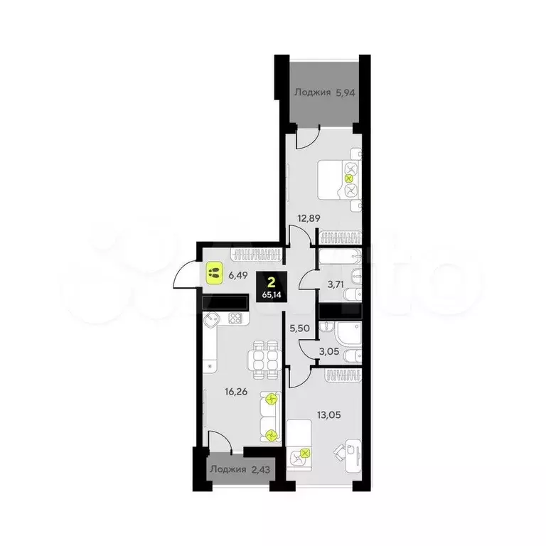 2-к. квартира, 65,1 м, 11/14 эт. - Фото 0