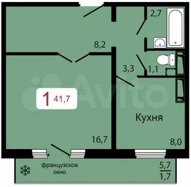 1-к. квартира, 41,7 м, 5/17 эт. - Фото 0