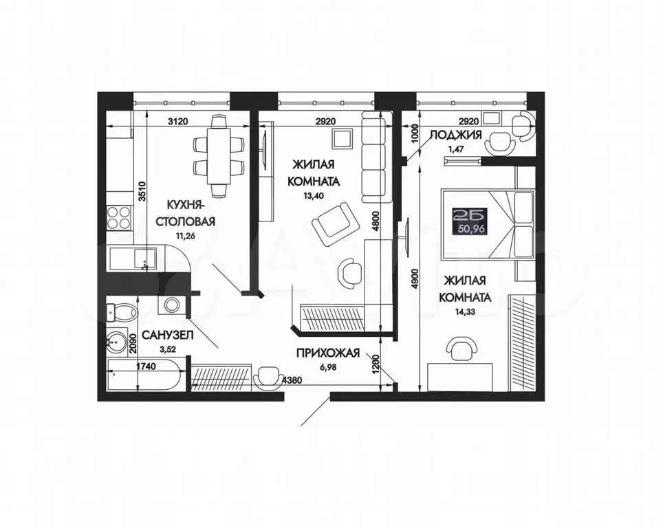 2-к. квартира, 51 м, 5/9 эт. - Фото 1